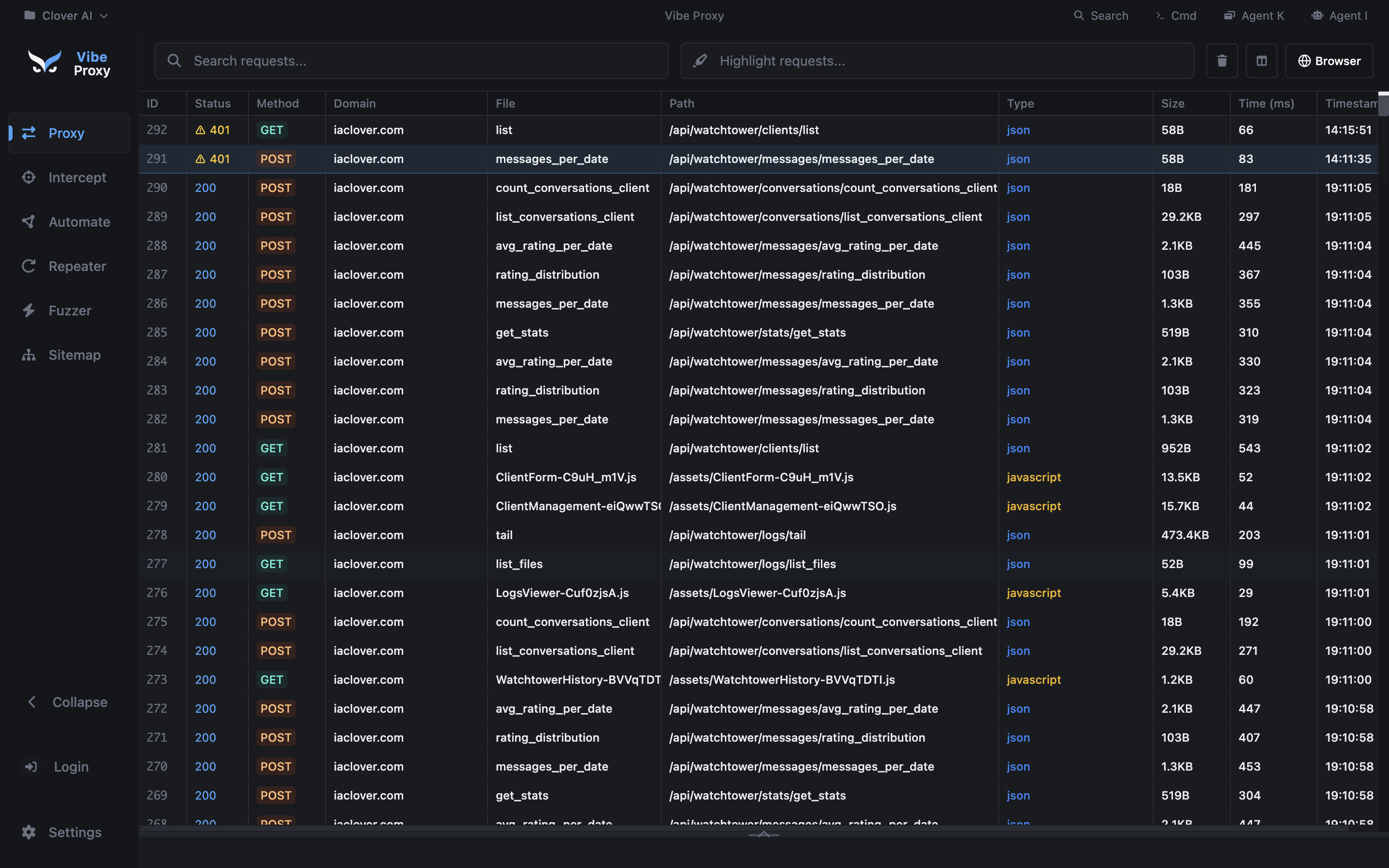 Vibe Proxy web security testing interface with traffic interception and analysis